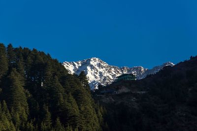 Scenic view of snowcapped mountains against clear blue sky