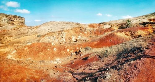 Scenic view of rocky mountains against sky. colorful deserted place in madeira