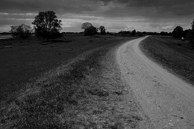 Dirt road amidst field against sky