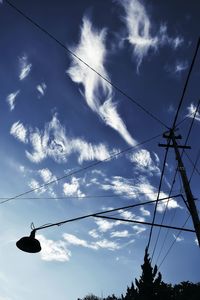 Low angle view of power lines against cloudy sky