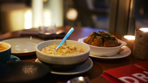 Close-up of meal served on table