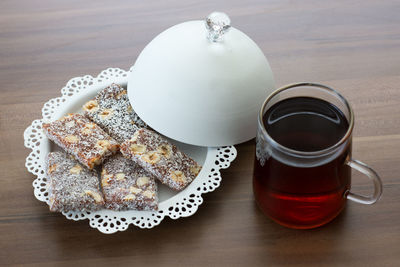 High angle view of breakfast on table