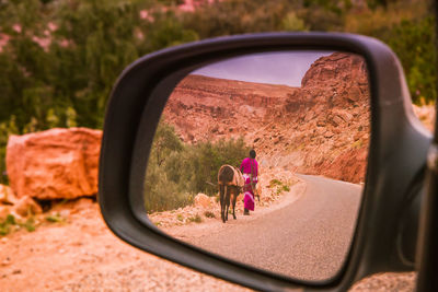 Rear view of woman with donkey reflecting on side-view mirror