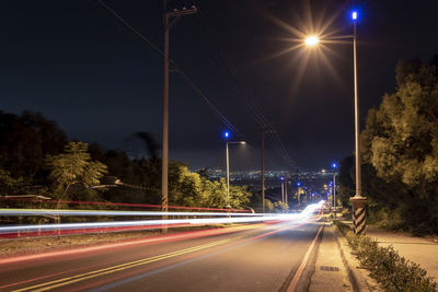 Light trails on road at night