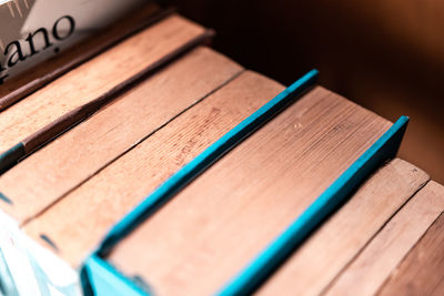 High angle view of book on table