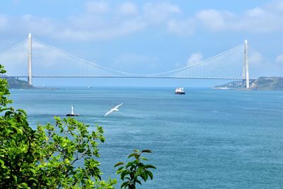 View of the suspension bridge on the bosphorus against the sky