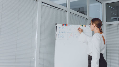 Businesswoman writing on whiteboard in office