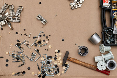 High angle view of work tools on table