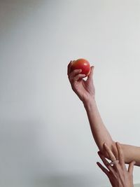 Midsection of person holding apple against white background