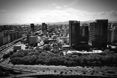 High angle view of buildings against sky