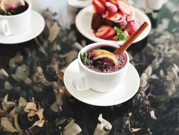 High angle view of herbal tea on table