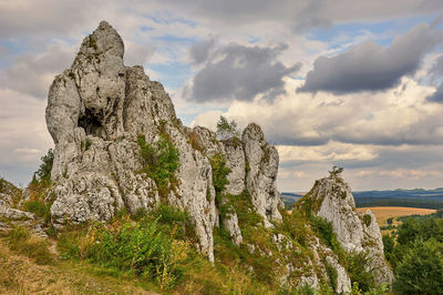 View of rock formation against cloudy sky