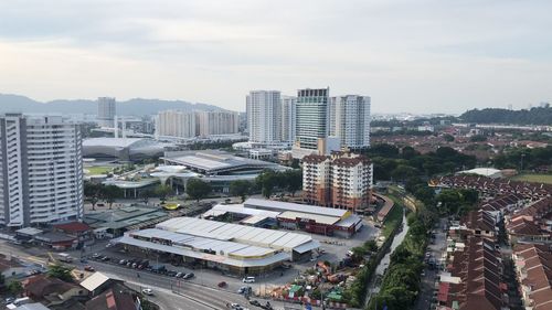 High angle view of buildings against sky