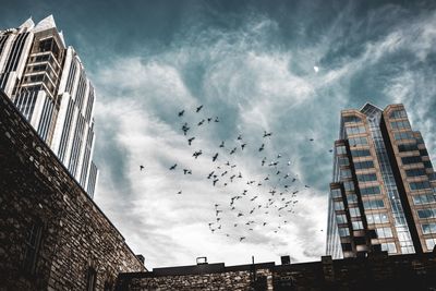 Low angle view of birds flying against cloudy sky