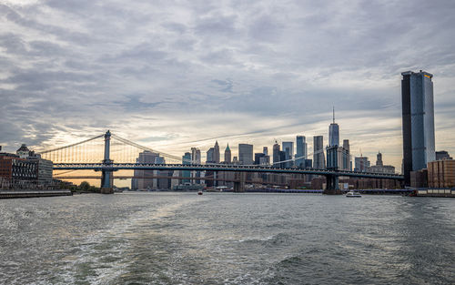 View of bridge over river against buildings in city