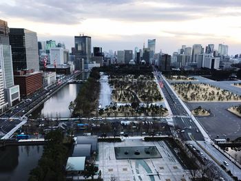 High angle view of city at waterfront