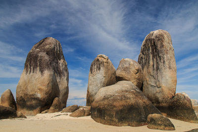 Panoramic view of rock formation at beach against sky