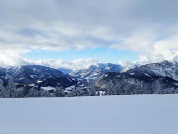 Scenic view of snowcapped mountains against sky