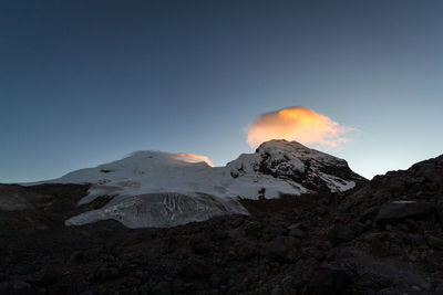 Scenic view of snowcapped mountains against clear sky