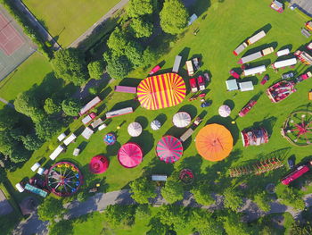 High angle view of multi colored traveling carnival