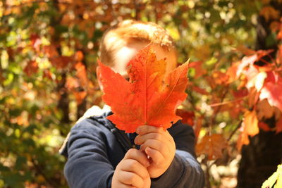 Close-up of hand holding maple leaf during autumn