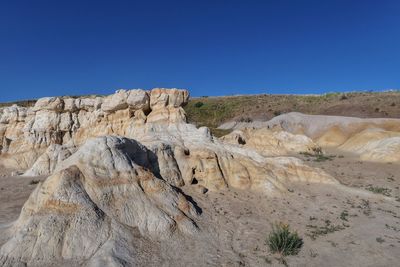 Rock formations on landscape against clear blue sky