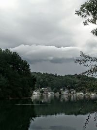 Scenic view of calm lake against cloudy sky