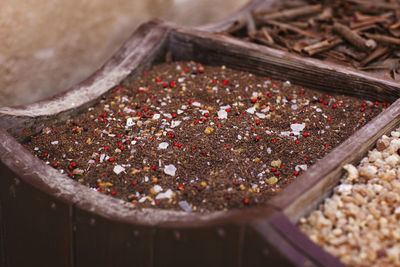 Large selection of different spices on the market, close-up