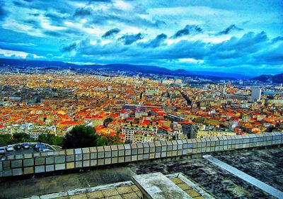 High angle view of cityscape against sky