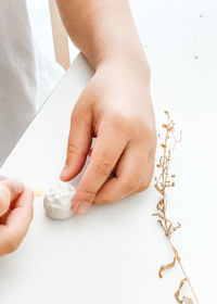 Close-up of person holding hands over white background