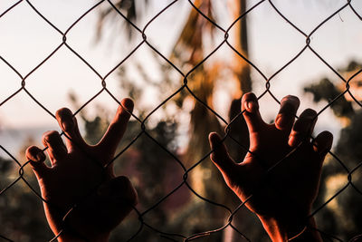 Cropped hands of woman holding chainlink fence against sky