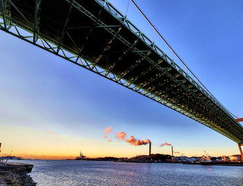 Low angle view of bridge over river against sky during sunset