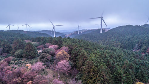 Wind turbines on land against sky