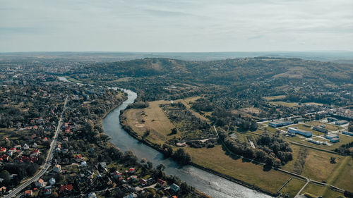 High angle view of cityscape against sky