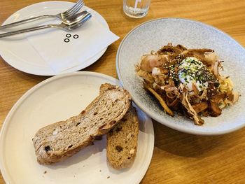 High angle view of food in plate on table