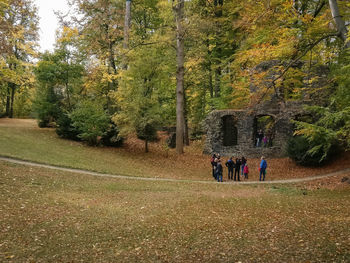 People walking on street amidst trees during autumn