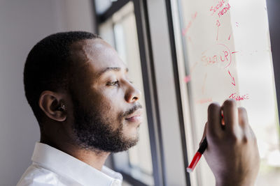 Businessman in office writing on windowpane