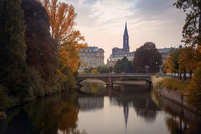 Reflection of trees and buildings in river