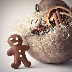 Close-up of cookies against white background