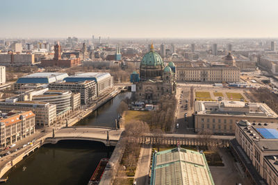Germany, berlin, aerial view of museum island with berlin cathedral in background