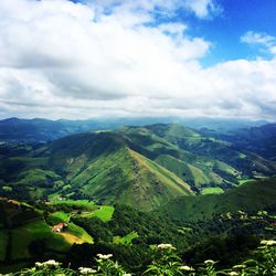 Scenic view of mountains against cloudy sky