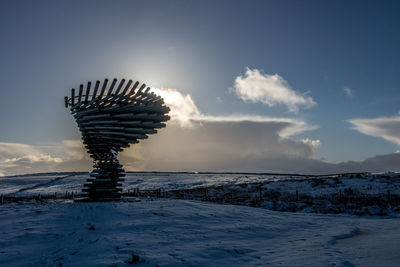 Snow covered land against sky