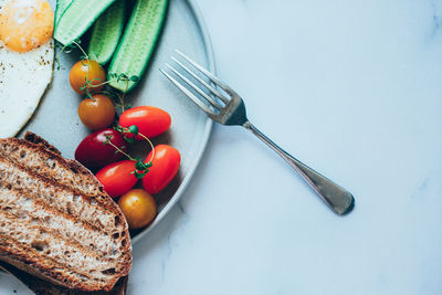 High angle view of breakfast on table