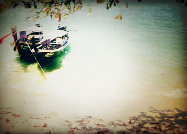 water, sea, beach, high angle view, sand, shore, reflection, nature, vacations, lifestyles, sunlight, leisure activity, tranquility, waterfront, nautical vessel, beauty in nature, outdoors, boat, day