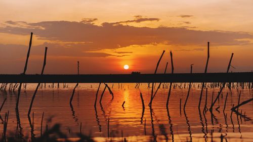 Silhouette wooden posts in lake against romantic sky at sunset