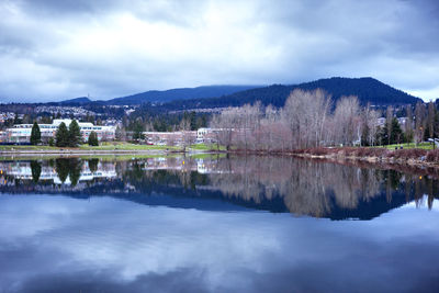 Scenic view of lake by trees against sky