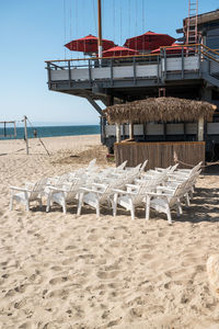 Empty restaurant and beach chairs in california during coronavirus lockdown
