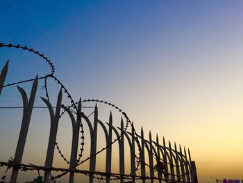 Razor wire fence against sky during sunset