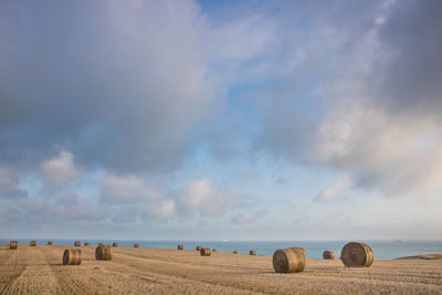 Hay bales on field against sky