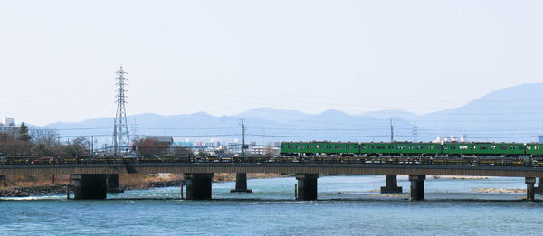 Bridge over river with city in background